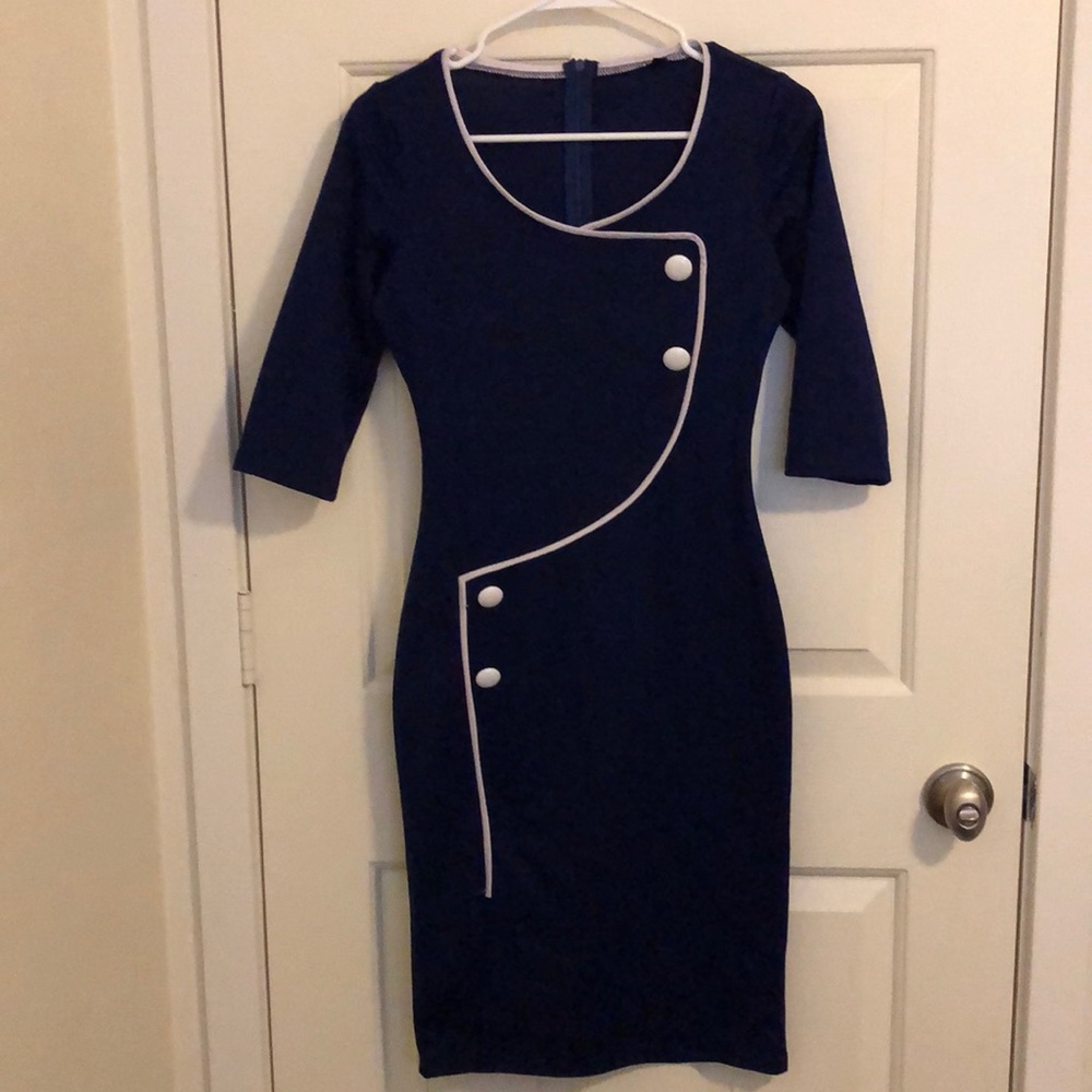 1960s style blue wiggle dress with white piping